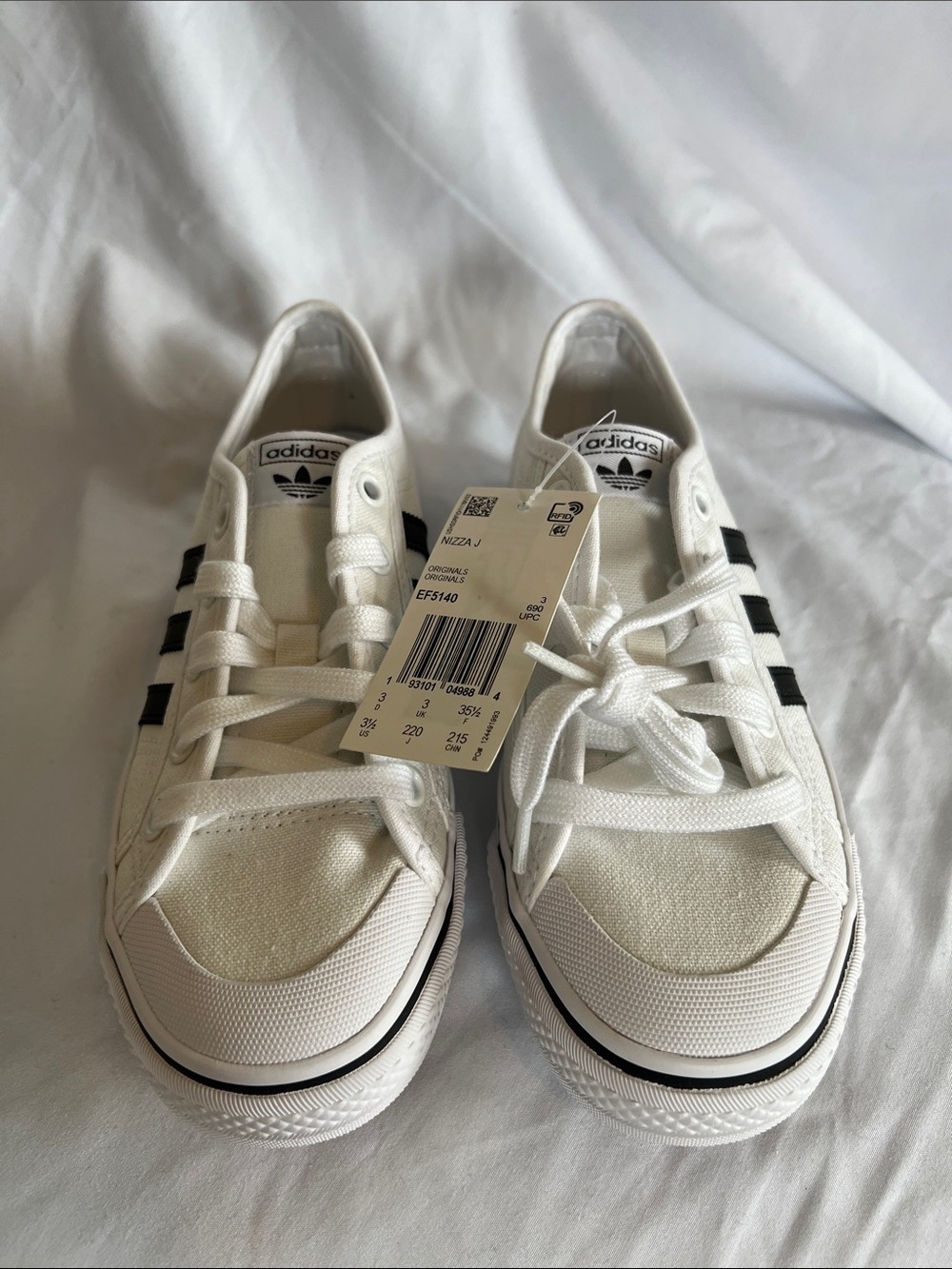 adidas White Canvas Sneakers with Black Stripes and Black Accents Kids New Nice